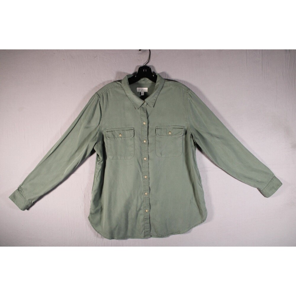 Lucky Brand Women's Large Green Lyocell Button Up Utility Shirt Long Sleeve